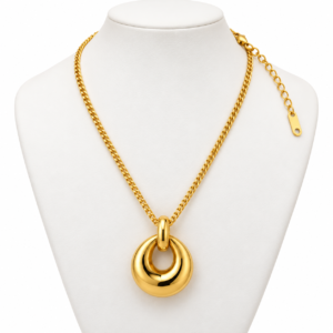 TZ047 gold-tone stainless steel open teardrop pendant necklace on a white display bust