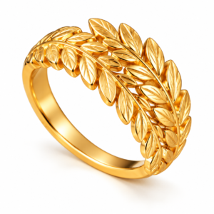 JZ046 adjustable gold-tone stainless steel leaf-design ring with engraved vein details