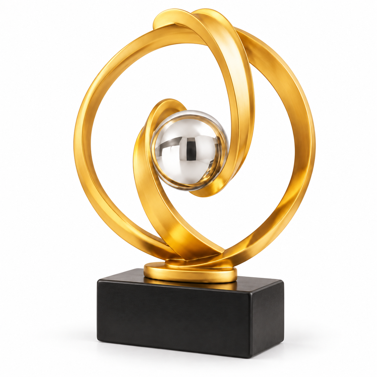 angled gold orbital sculpture with silver sphere angled gold orbital sculpture with silver sphere