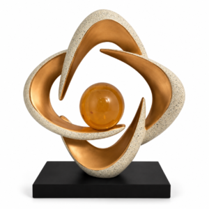 Shangju bronze-tone and speckled ivory resin sculpture with amber-tone sphere