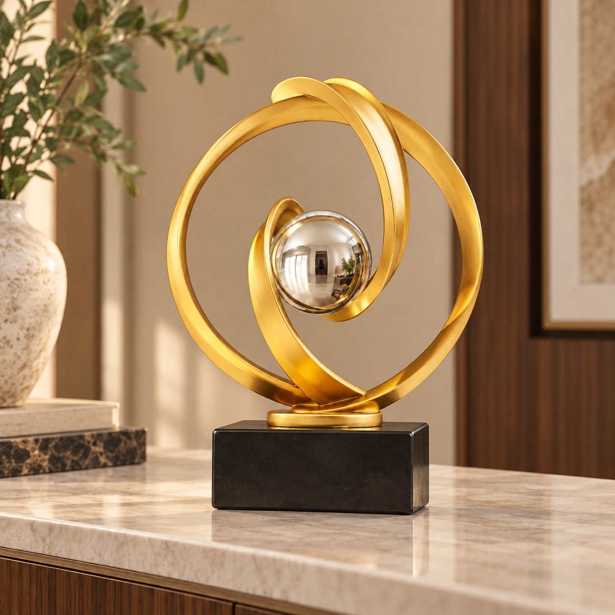 gold orbital sculpture with silver sphere(2) gold orbital sculpture with silver sphere(2)