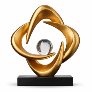 Shangju gold-tone abstract swirl sculpture with clear sphere