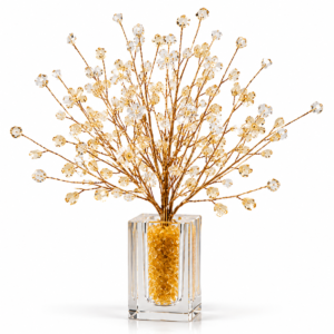 Crystal-style decorative tree with gold-tone branches in a clear rectangular vase