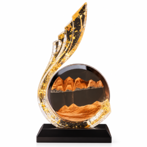 Shangju curved gold-accent resin ornament with circular sand-art display and black base