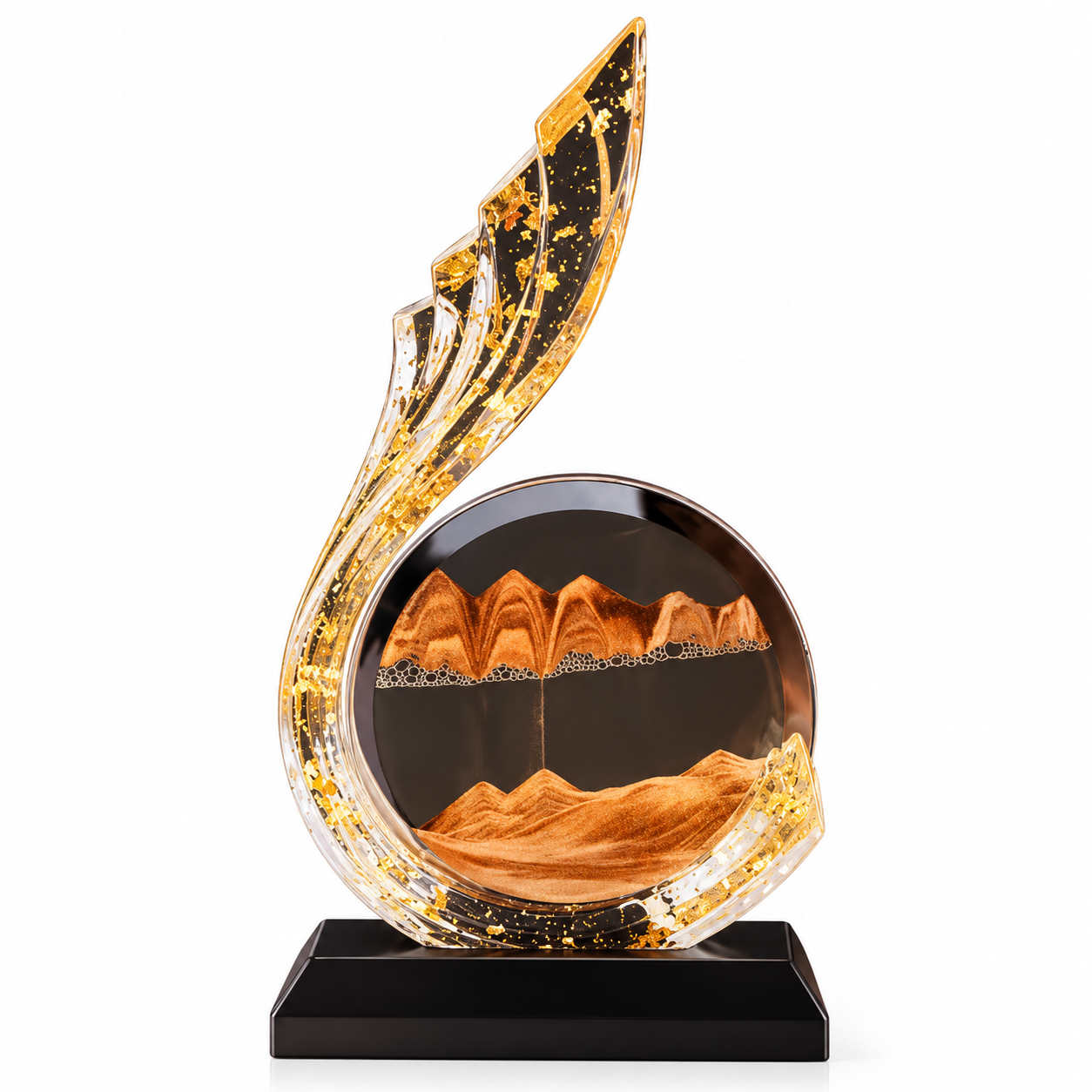 golden resin flame sandscape sculpture Shangju curved gold-accent resin ornament with circular sand-art display and black base
