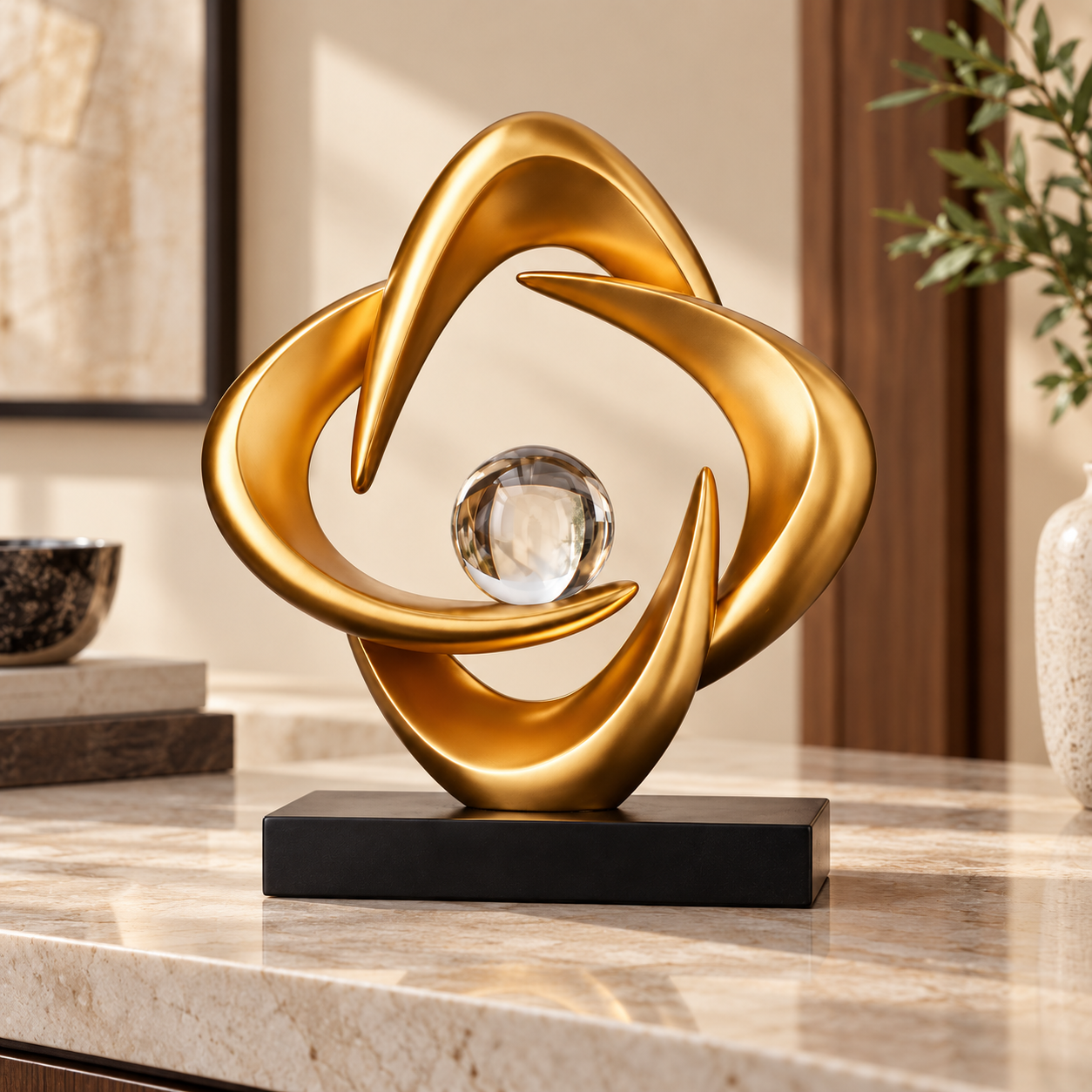 golden swirl sculpture with clear sphere(1) golden swirl sculpture with clear sphere(1)