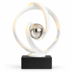 Shangju white orbital resin sculpture with silver-tone sphere and black base